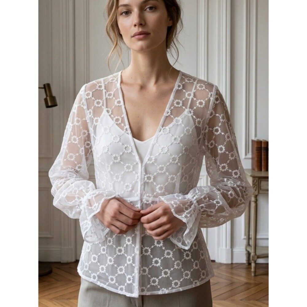 Zara Pale Lavender Embroidered Semi Sheer V-Neck Top – Size M